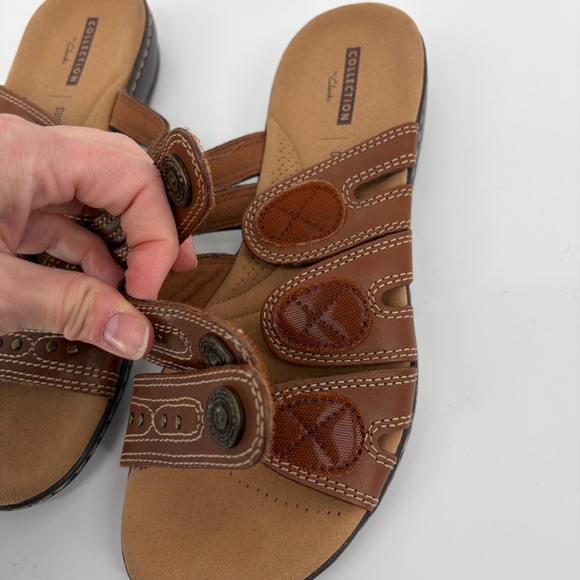Clarks Collection Leisa Cacti Brown Leather Strap Sandals Slides Womens 7.5 - Picture 4 of 10